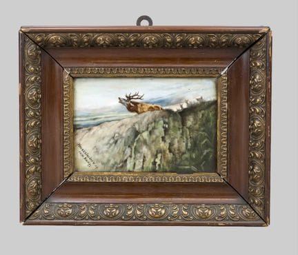 Plaque illustrée, paysage avec un cerf bruant, int