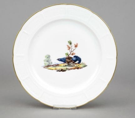 盘子，宁芬堡，1925-1975年款，Ozier款式，盘面彩绘，背面标有“Birkhuhn”字样，金