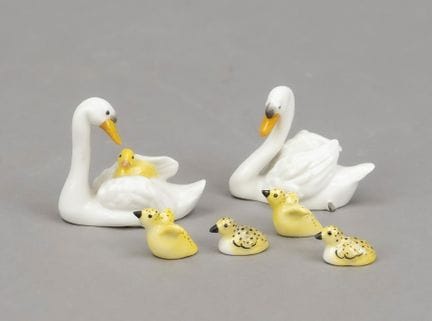 Famille de cygnes miniatures,  faisant partie d'un