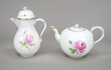 咖啡壶和茶壶，迈森，1934年后出品，二等品，Ozier款式，饰有红玫瑰与金边图案；咖啡壶，一等品，