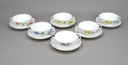 6只带把手汤碗，迈森（Meissen）品牌，1950年代，二等品，造型简洁，彩绘装饰，花卉1图案，直