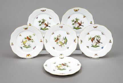一套6只浅盘，赫伦德（Herend），20世纪，罗斯柴尔德（Rothschild）纹样，彩绘鸟类与昆