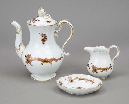 3 piezas de Meissen, decoración con dragón marrón 