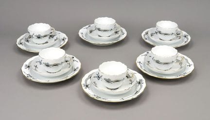 6套咖啡餐具，18件装，迈森（Meissen），1934年后生产的，采用新款镂空造型，饰有“黑色宫廷