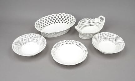 5个藤编碗，柏林KPM，20世纪，第一次世界大战时期，长20至28厘米