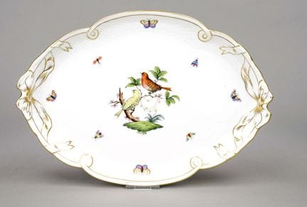 大托盘，赫伦德（Herend），20世纪，罗斯柴尔德（Rothschild）纹样，彩绘鸟类与昆虫图案