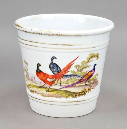 花盆，KPM柏林，1849-1870年款，1 W，锥形，通体彩绘家禽图案，金边磨损，高16厘米，直径