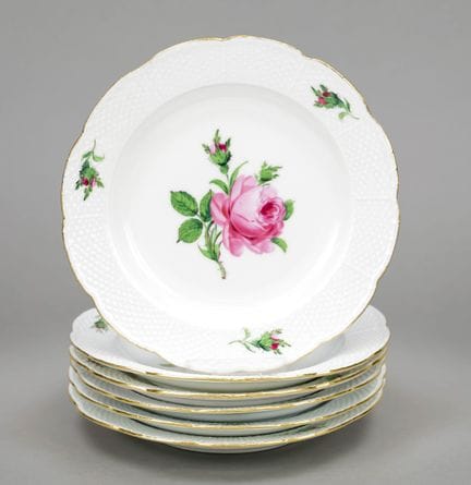 六只甜点盘，迈森（Meissen），1934年后出品，二等品，Ozier款式，彩绘图案为红玫瑰，配以