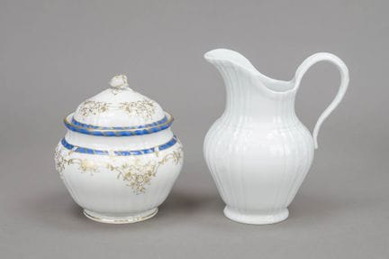 大型奶罐和带盖罐，柏林KPM，Rocaille款式，糖果罐，1962-92年标记，一级品，红色帝国苹