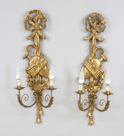 Pair of wall sconces, 20th century, carved wood wi