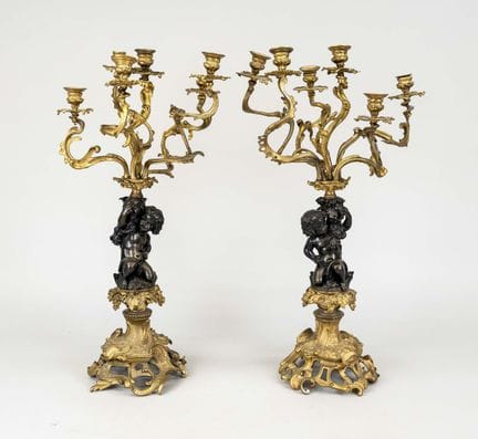 Paire de grands chandeliers figuratifs, fin du XIX