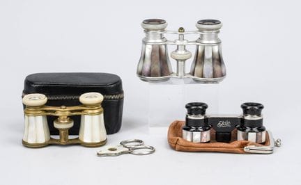 3 opera glasses and a cigar cutter, mid-20th centu