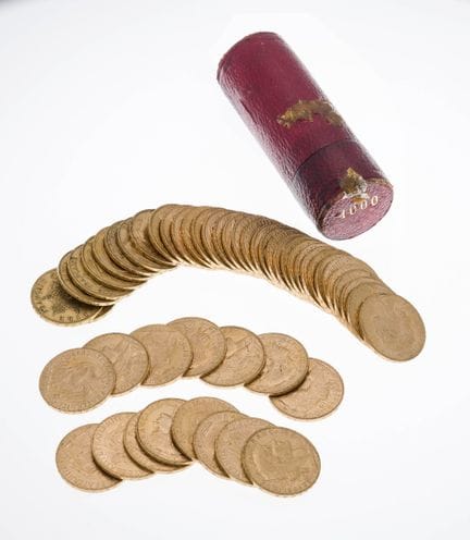 Rouleau de 50 pièces d'or françaises, de 20 francs