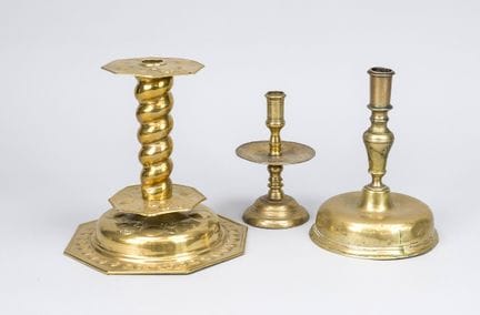 3 candlesticks, 19th century and older, brass. 1 d