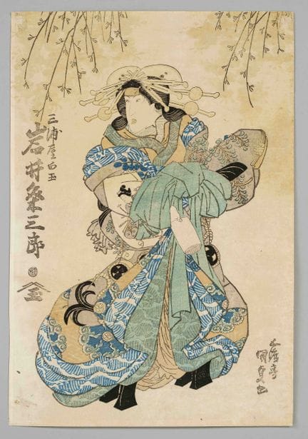 3 x xilografie a colori ukiyo-e, Giappone, XIX sec