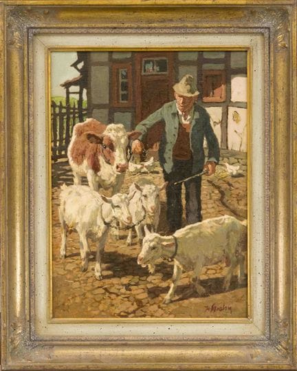 Jo Strahn (1904–1997). Farmer with a Calf, Goats, 