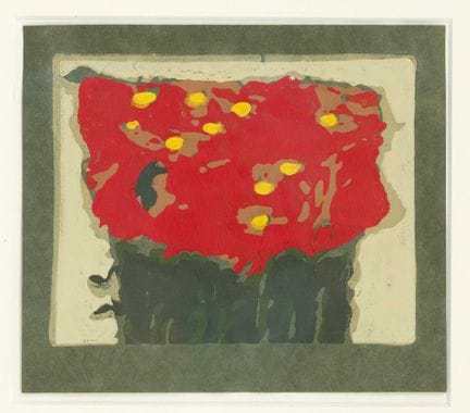 克劳斯·富斯曼（Klaus Fußmann，生于1938年），《花卉》，彩色亚麻油版画，印于深绿色纸