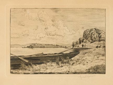 Hans Thoma (1839-1924), Uferlandschaft mit Ruderbo