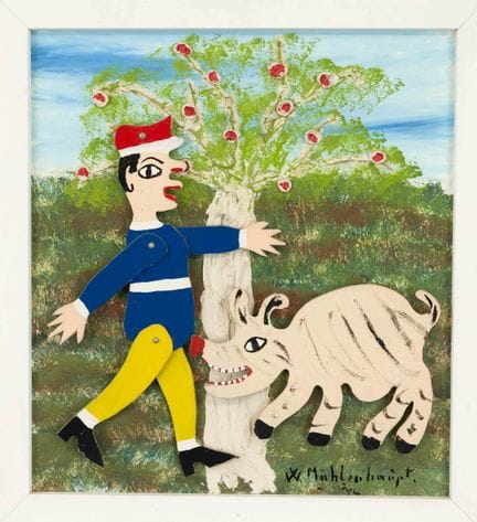 威利·穆伦豪普特（1907-1977），题为《树下的一名警察和一头猪》的拼贴作品，丙烯画于画板上，并
