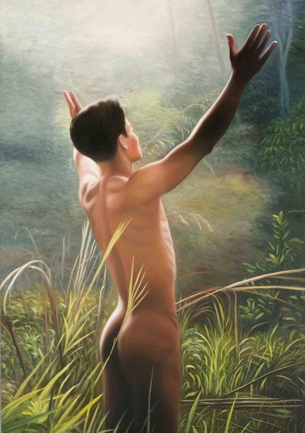 21世纪某位匿名亚洲画家作品，《裸体青年在森林中迎接清晨》，布面油画，未署名，99 x 69 厘米