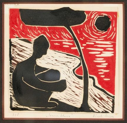 匿名艺术家，20世纪下半叶，《海边花影下的人物》，彩色亚麻油版画，右下角有模糊签名 “Dinah D
