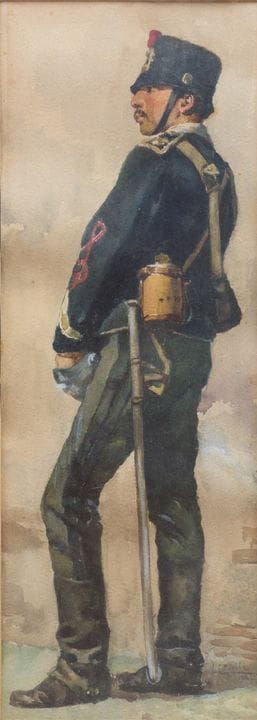 文森佐·卡普里莱
《士兵》  1882年  纸本水彩画 45.5 × 16.5 厘米
右下角署名并注