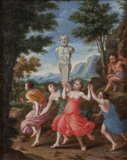 Bacchanale avec danse des bacchantes devant une st