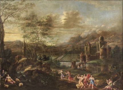 Paysage avec des personnages dansant près d'un châ