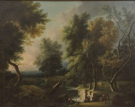 Paysage boisé avec des personnages près d’un cours