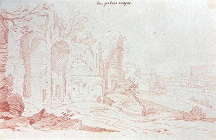 帕拉蒂诺山上的帕拉蒂诺宫废墟全景，背景为罗马斗兽场 法国画派，17世纪末至18世纪初 红赭石画于纸上