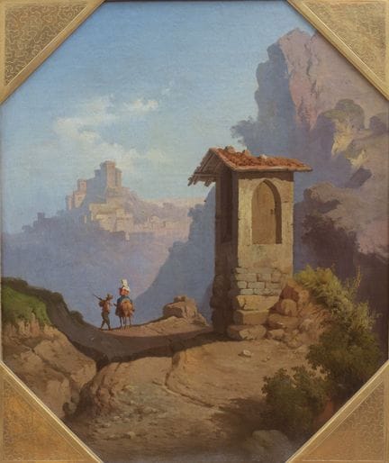 Vue de Subiaco avec un édicule votif marial. Artis