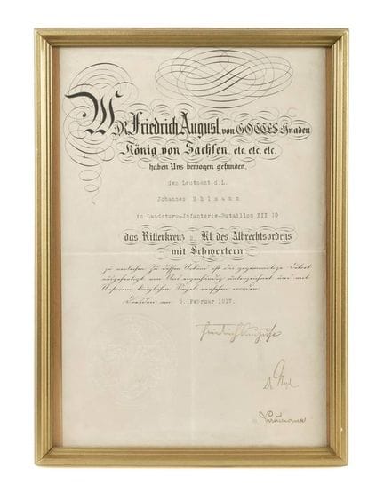 Certificat de la Croix de chevalier de l'Ordre d'A