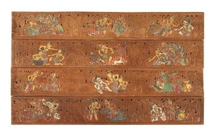 Four carved wall panels
probably Bali, 20th centur