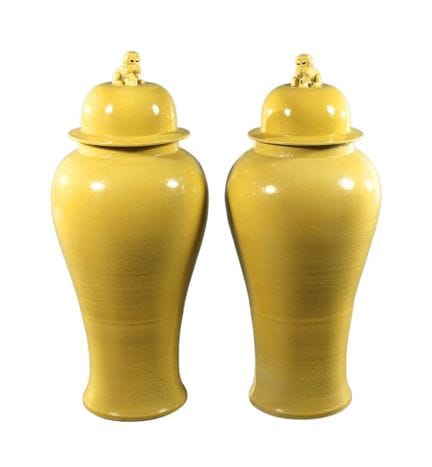 Pair of huge yellow lidded vases
China, 20th centu
