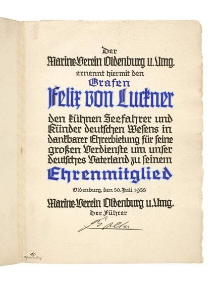 Certificat d'honneur décerné au comte Felix von Lu