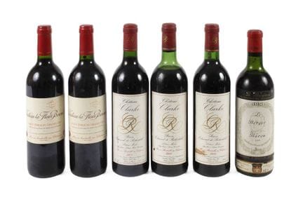 红葡萄酒套装
法国产，共六瓶，其中包括两瓶1983年份的克拉克酒庄（Château Clarke）、