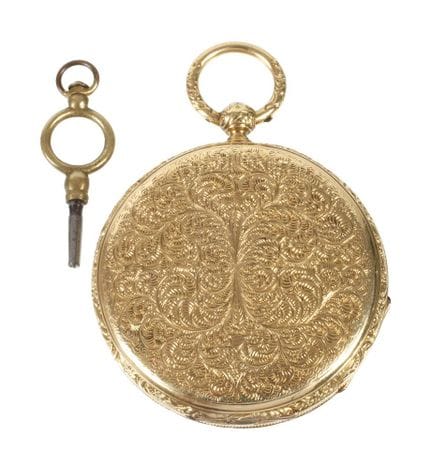 Horloge-clé en or 18 carats
Suisse, vers 1860, boî
