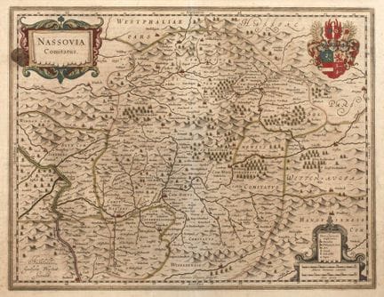 约安·布劳（Joan Blaeu），《拿骚地图》
左上角为当时典型的图框，此处标注为“Nassovi