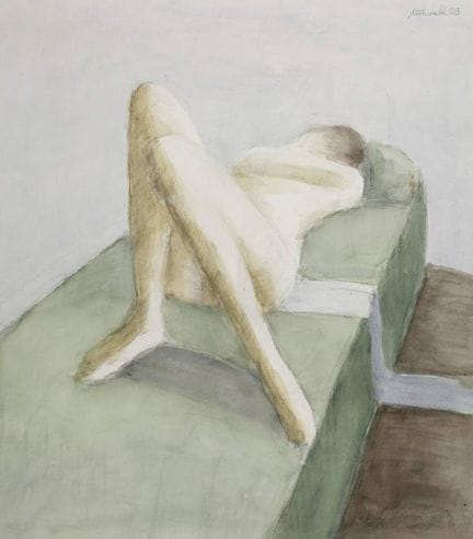 奥托·莫瓦尔德，《躺卧的裸体》
一名裸体者躺在长椅上休憩，头侧向一侧，双腿弯曲，这是这位来自哈勒的艺