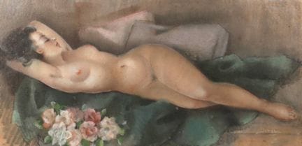 迪奥斯尔，《静卧的女性裸体》
一名赤裸的年轻女子躺在由毯子和枕头铺成的床铺上熟睡，纸本粉彩画，20世