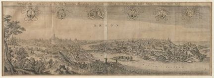 马蒂亚斯·梅里安（老），《布拉格全景》
画面展现了莫尔达瓦河两岸的城市景观，包括赫拉德钦城堡和圣维特