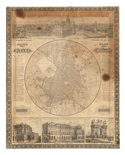 米兰纪念品
中央为城市地图，四周环绕着四处具有代表性的广场景观及图例，丝绸印制，19世纪末，保存状况