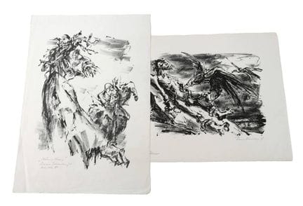 汉斯·弗罗尼乌斯，两幅版画
题为《普罗米修斯》和《李尔王》， 石版画，画面下方以铅笔签名“汉斯·弗罗