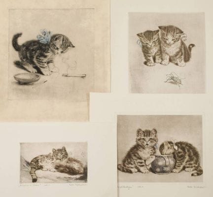 梅塔·普吕克鲍姆，蚀刻版画合集
四件作品，每件均呈现了艺术家标志性的猫的形象，彩色蚀刻版画，约193