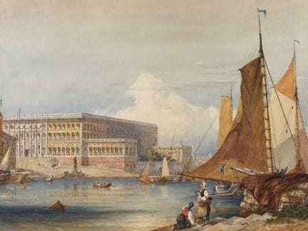 约瑟夫·默里·因斯，《斯德哥尔摩皇宫》
隔水远眺这座建于1760年的宏伟宫殿建筑群，画面中几艘帆船和