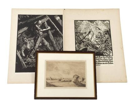 赫尔曼·凯特尔霍恩，版画合集
两幅装裱在裱框纸上的木刻版画，其中一幅描绘采矿场景；另有一幅装裱在玻璃