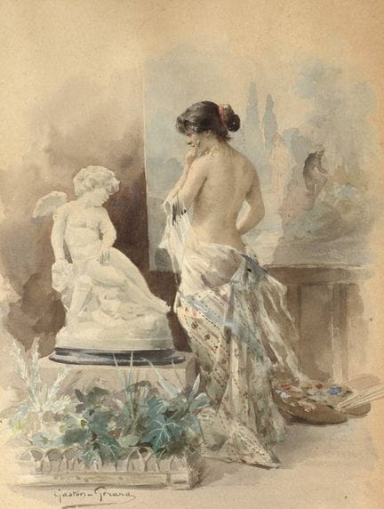 加斯顿·热拉尔，《画室中的女性裸体》
一位腰间缠着丝巾的年轻女子，伫立在画架前，画架上隐约可见一幅画