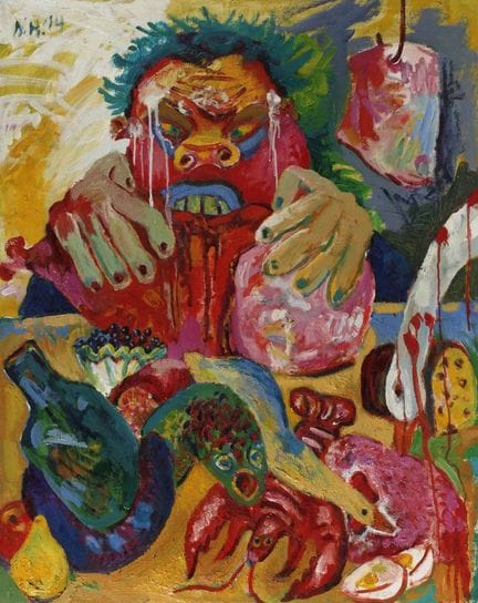 诺伯特·霍尼格，《暴食》
描绘了一名正在进食的男子，前景中摆放着各式菜肴，其中部分菜肴正以震惊的目光