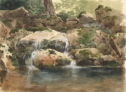 爱德华·阿格里科拉，《瀑布》
水流从巨大的岩石和石块间倾泻入森林湖中，水彩与覆盖白颜料绘于硬质纸上，