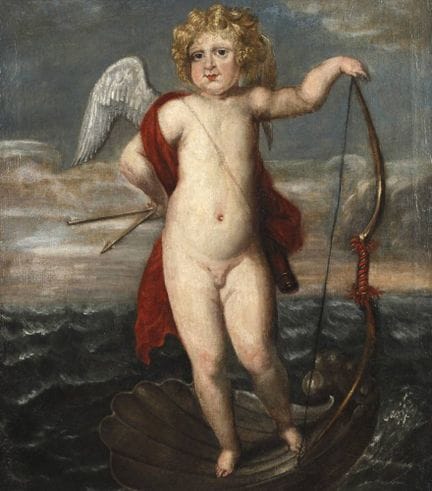 Cupido triunfante sobre una concha en el mar
Cupid